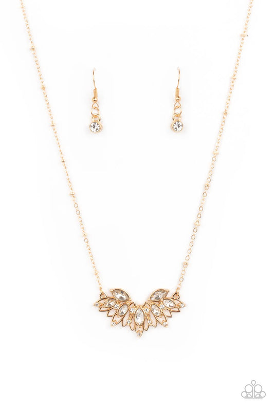 Deluxe Diadem - Gold Petals & White Rhinestone Pendant Paparazzi Necklace & matching earrings