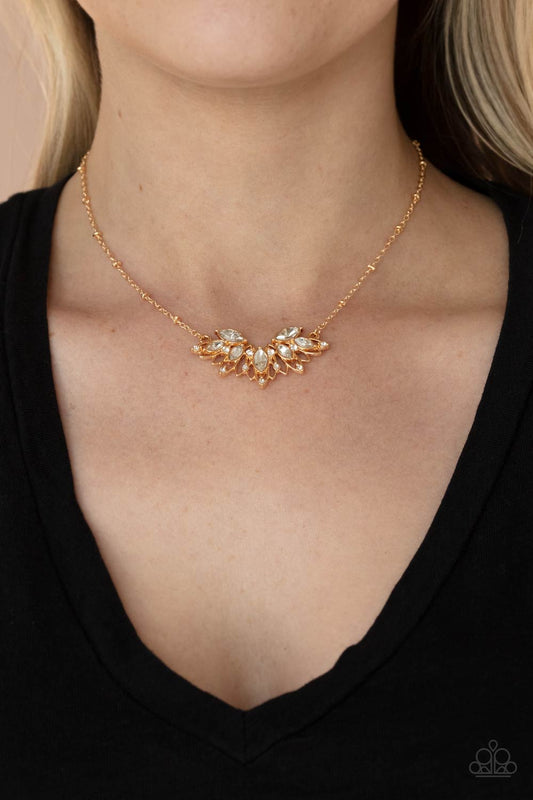 Deluxe Diadem - Gold Petals & White Rhinestone Pendant Paparazzi Necklace & matching earrings