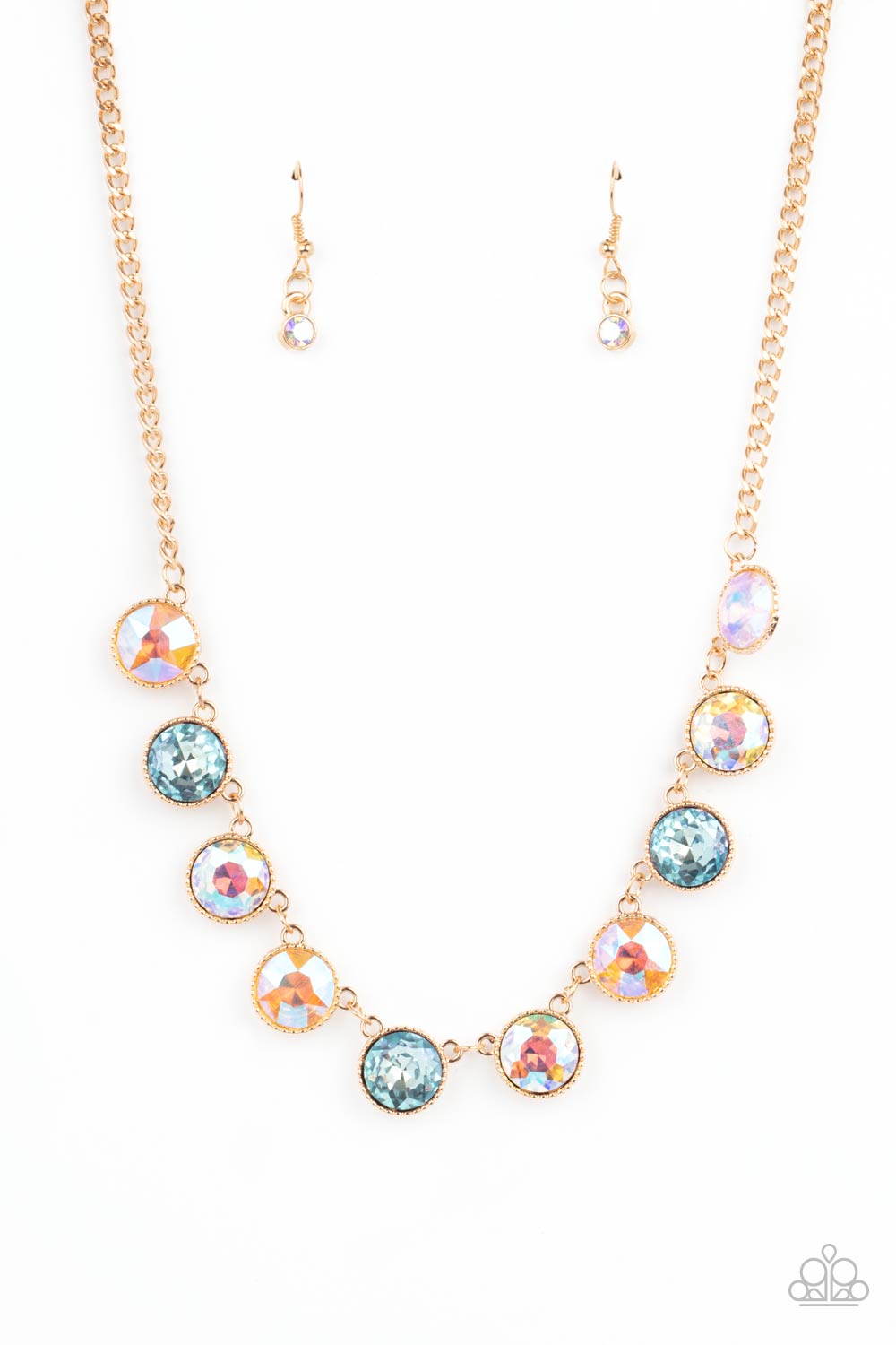 Mystical Majesty - Multi Iridescent Peach, Blue, & Golden Gem Paparazzi Necklace & matching earrings