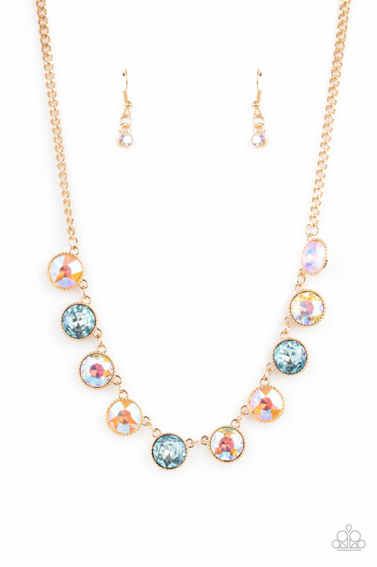 Mystical Majesty - Multi Iridescent Peach, Blue, & Golden Gem Paparazzi Necklace & matching earrings