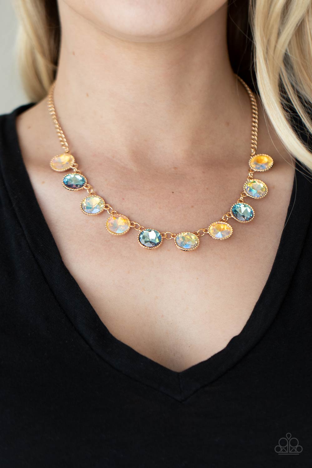 Mystical Majesty - Multi Iridescent Peach, Blue, & Golden Gem Paparazzi Necklace & matching earrings
