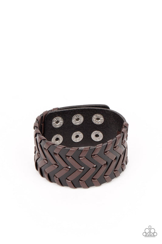 Biker Badlands - Black Leather Band/Brown Leather Laced Cording Paparazzi Men's Snap Bracelet