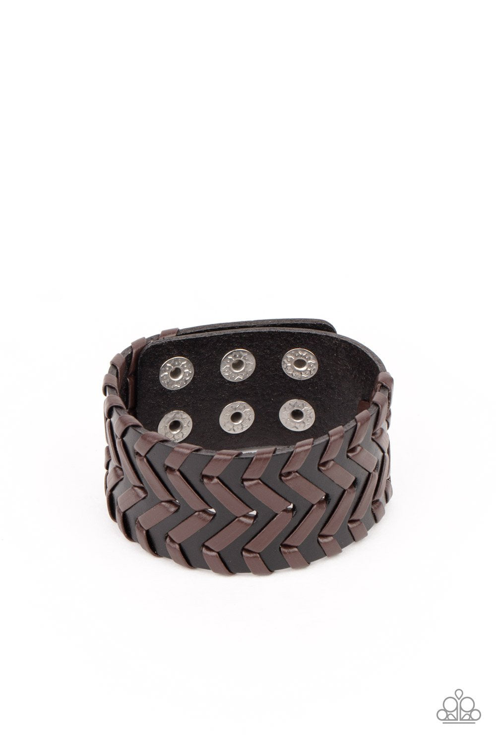 Biker Badlands - Black Leather Band/Brown Leather Laced Cording Paparazzi Men's Snap Bracelet