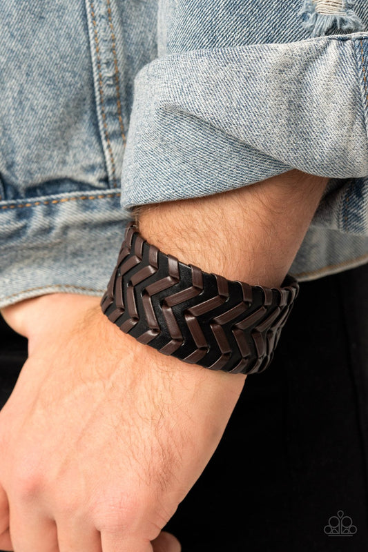 Biker Badlands - Black Leather Band/Brown Leather Laced Cording Paparazzi Men's Snap Bracelet