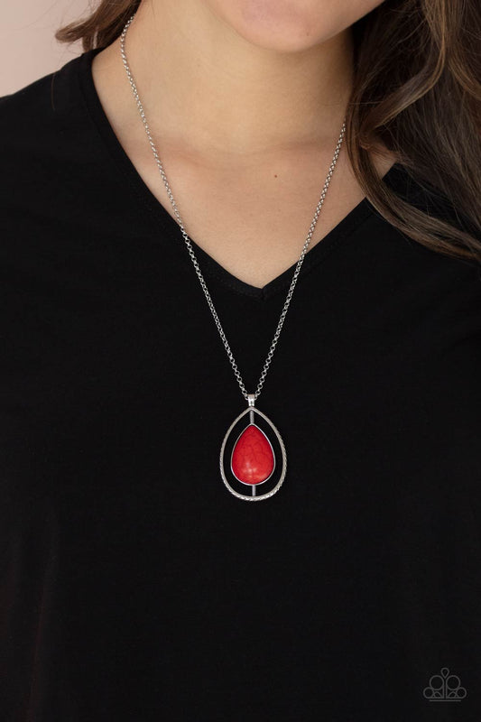 Here Today, PATAGONIA Tomorrow - Red Teardrop Stone Paparazzi Pendant Necklace & matching earrings