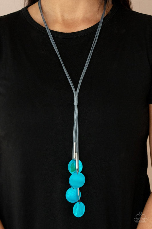 Tidal Tassels - Blue Iridescent Shell-Like Discs/Gray Cording Paparazzi Necklace & matching earrings