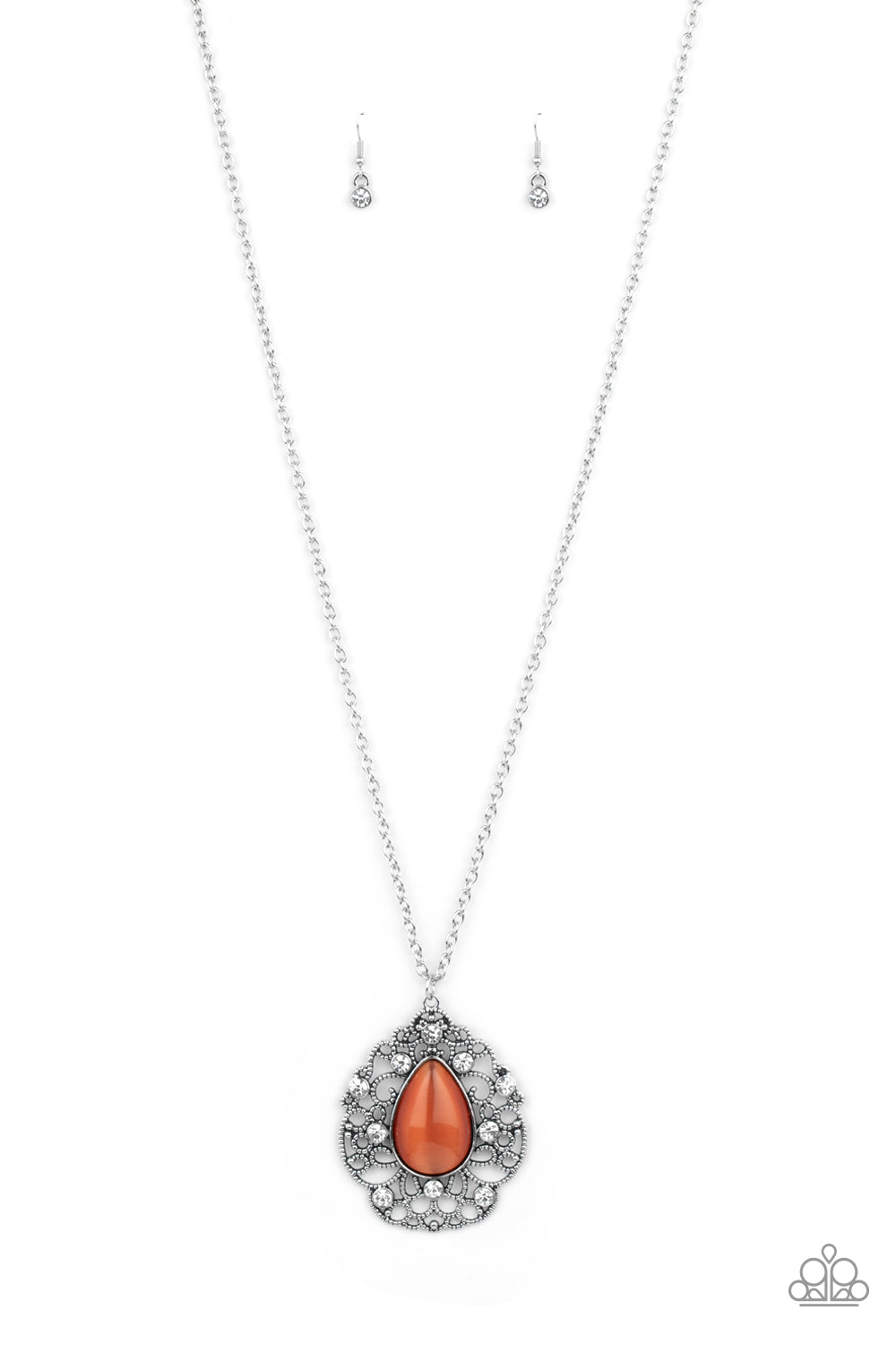 Bewitched Beam - Orange Cat's Eye Stone & White Rhinestone Filigree Pendant Paparazzi Necklace & matching earrings