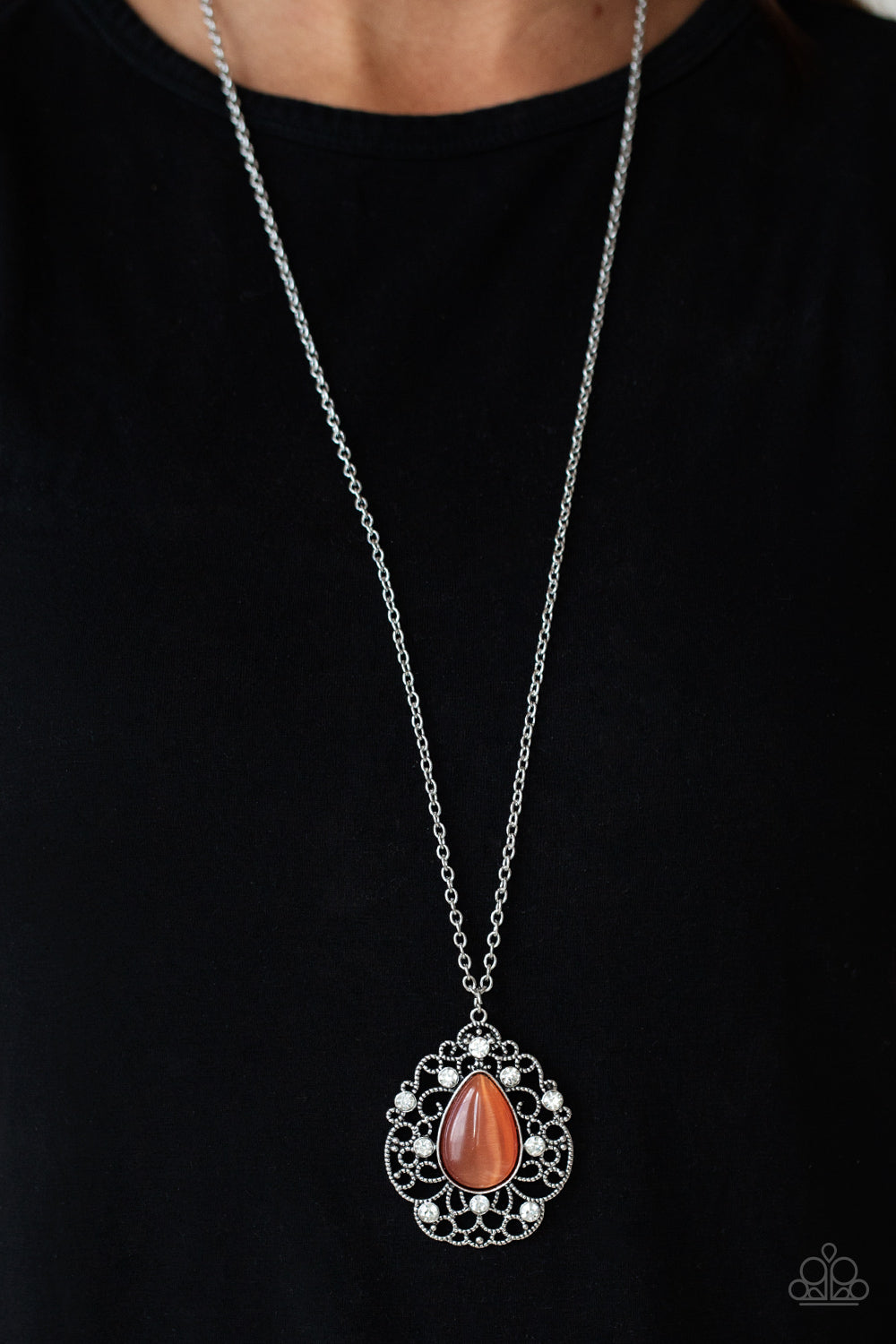 Bewitched Beam - Orange Cat's Eye Stone & White Rhinestone Filigree Pendant Paparazzi Necklace & matching earrings