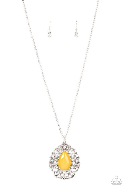 Bewitched Beam - Yellow Cat's Eye & White Rhinestone Pendant Paparazzi Necklace & matching earrings