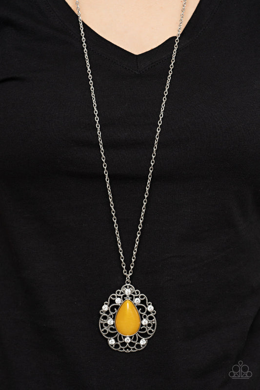 Bewitched Beam - Yellow Cat's Eye & White Rhinestone Pendant Paparazzi Necklace & matching earrings