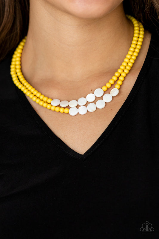 Extended STAYCATION - Yellow & White Shell-Like Beaded Paparazzi Necklace & matching earrings