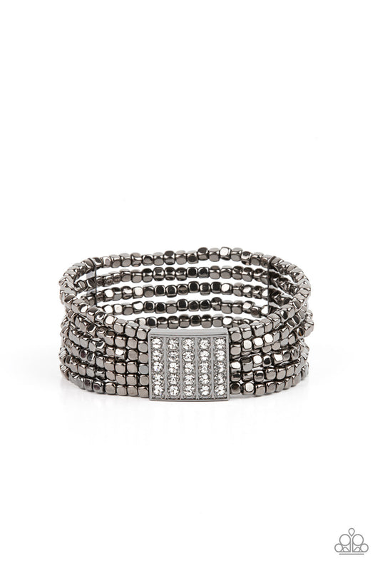 Star-Studded Showcase - Gunmetal Cube Beads & White Rhinestone Paparazzi Stretch Bracelet