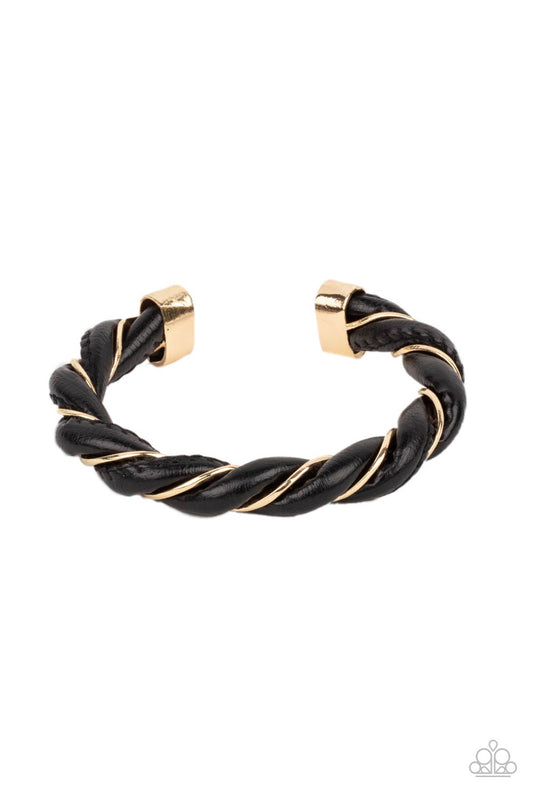 Rebel Relic - Gold Wire & Black Leather Paparazzi Men's Cuff Bracelet