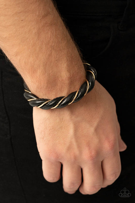 Rebel Relic - Gold Wire & Black Leather Paparazzi Men's Cuff Bracelet
