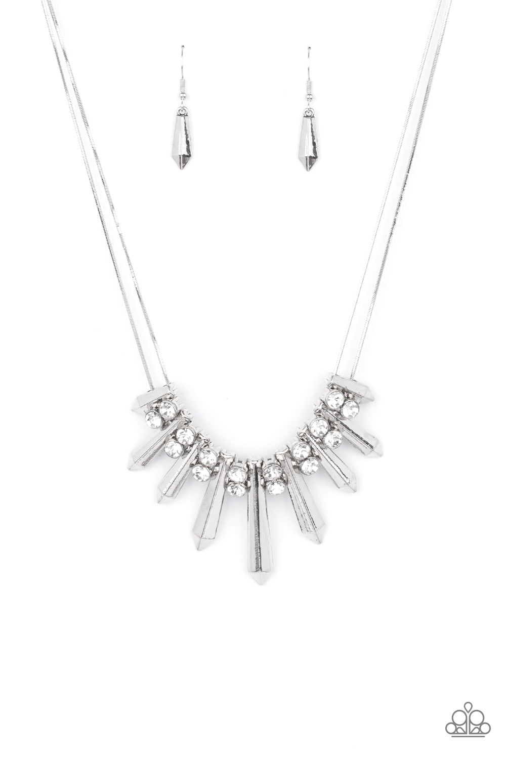 Dangerous Dazzle - White Rhinestone/Flared Silver Rod Paparazzi Necklace & matching earrings