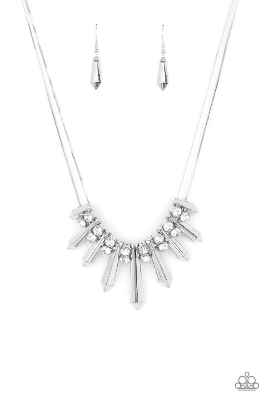 Dangerous Dazzle - White Rhinestone/Flared Silver Rod Paparazzi Necklace & matching earrings