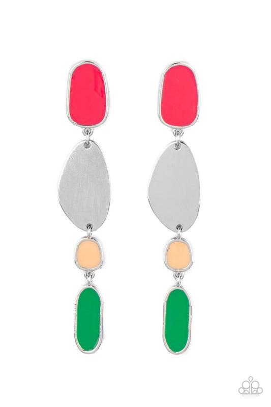 Deco By Design - Multi Raspberry Sorbet, Desert Mist, Mint, & Silver Asymmetrical Paparazzi Post Earrings