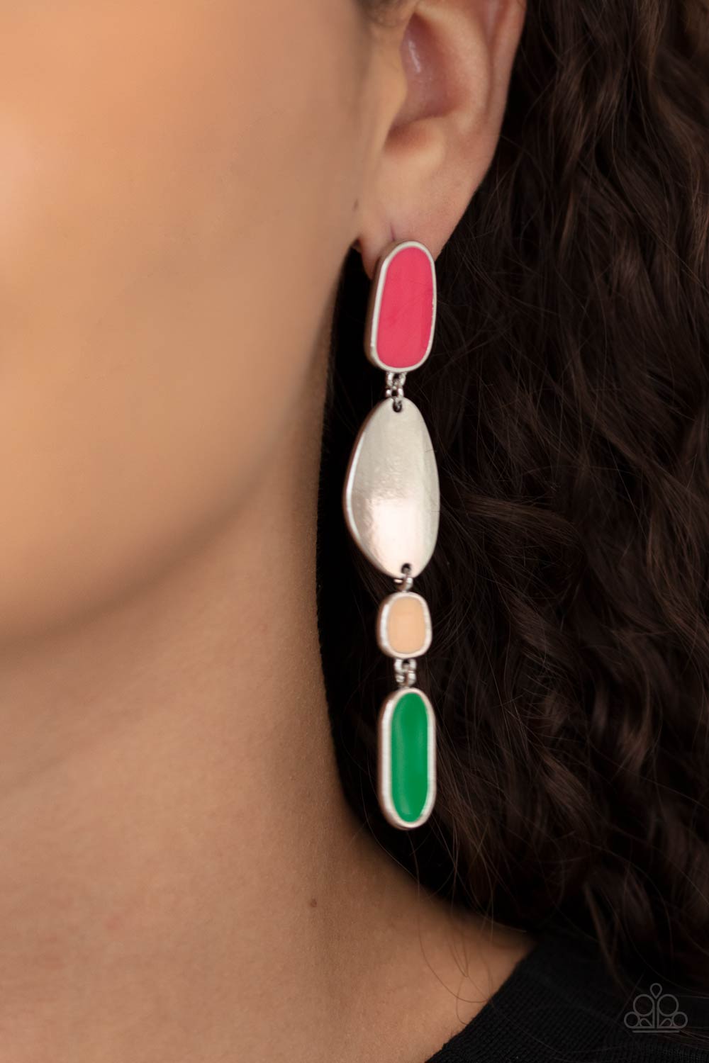 Deco By Design - Multi Raspberry Sorbet, Desert Mist, Mint, & Silver Asymmetrical Paparazzi Post Earrings