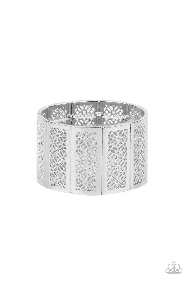 Thai Terrariums - Silver Floral Pattern Stencil Paparazzi Stretch Bracelet