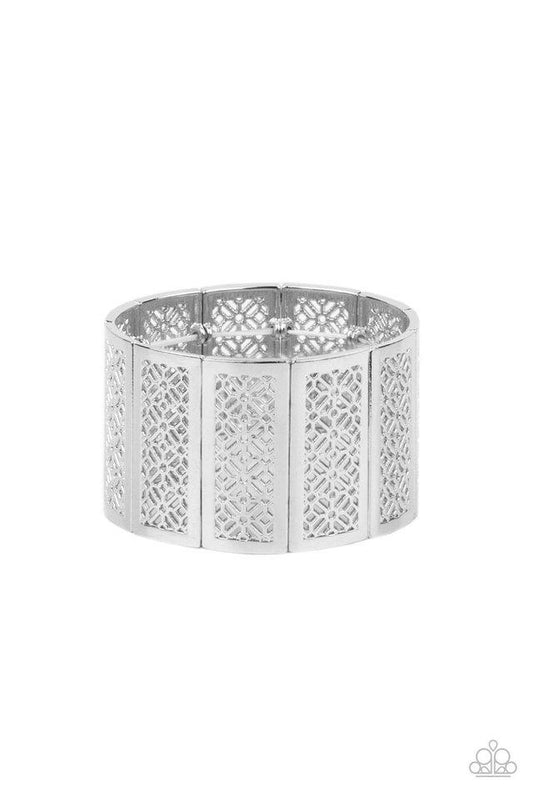 Thai Terrariums - Silver Floral Pattern Stencil Paparazzi Stretch Bracelet