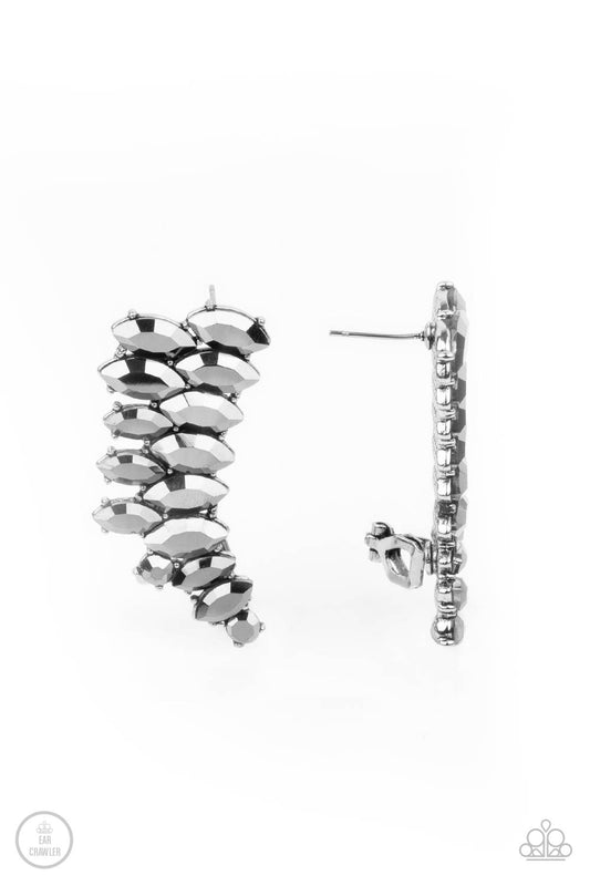 Explosive Elegance - Silver Frame & Marquise-Cut Hematite Rhinestone Paparazzi Ear Crawler Earrings
