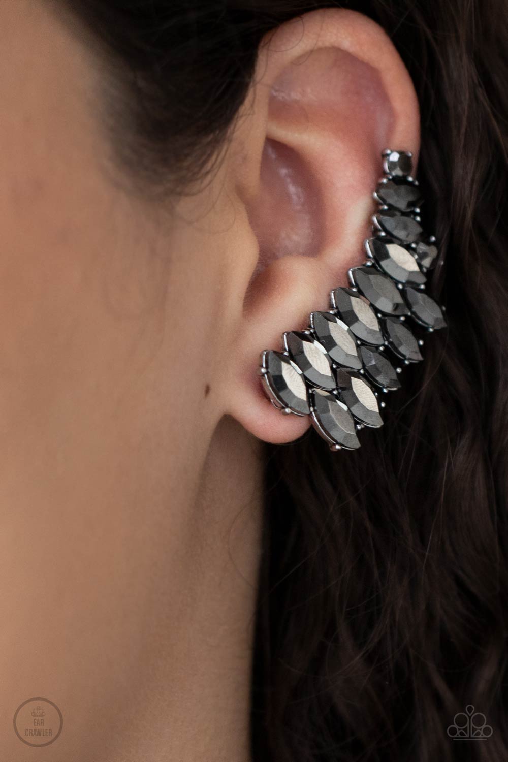 Explosive Elegance - Silver Frame & Marquise-Cut Hematite Rhinestone Paparazzi Ear Crawler Earrings