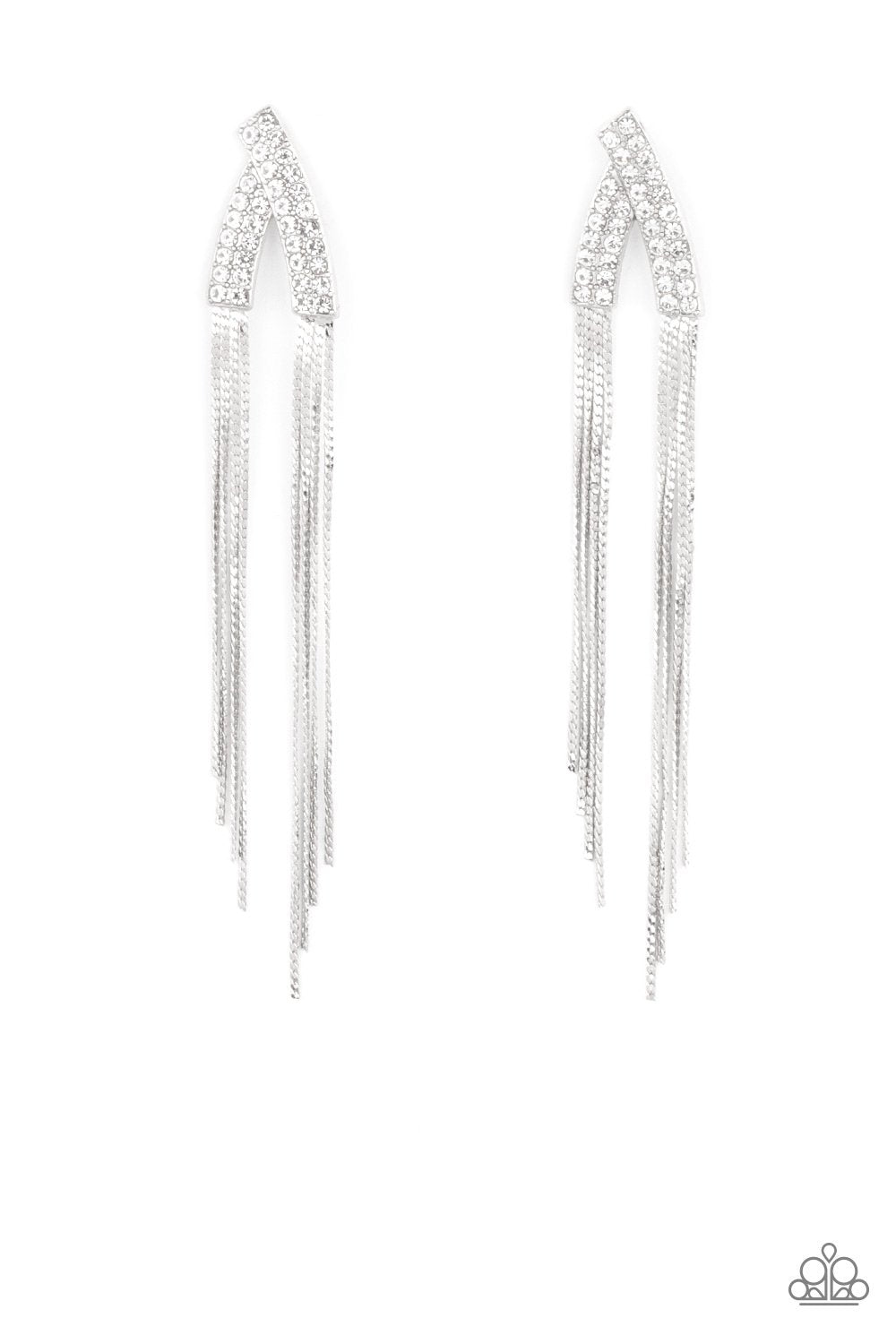 It Takes Two To TASSEL - White Rhinestone V-Shaped Frame/Silver Chain Paparazzi Post Earrings