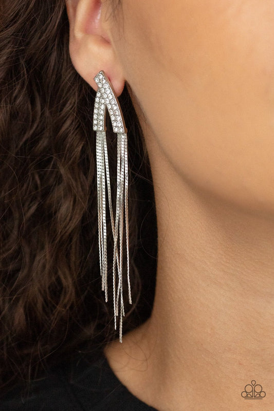It Takes Two To TASSEL - White Rhinestone V-Shaped Frame/Silver Chain Paparazzi Post Earrings