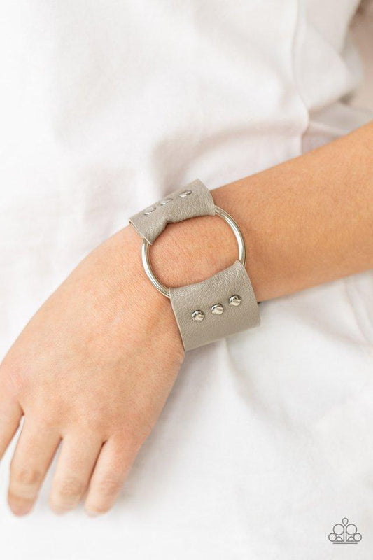 Moto Mayhem - Silver Oversized Hoop/Gray & Black Leather Paparazzi Snap Bracelet