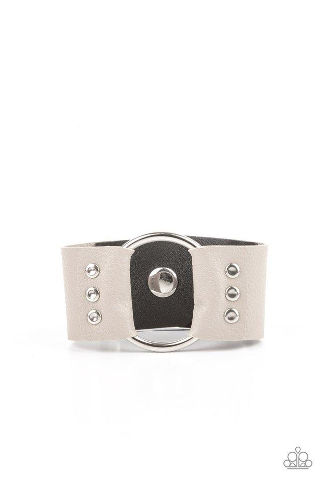 Moto Mayhem - Silver Oversized Hoop/Gray & Black Leather Paparazzi Snap Bracelet