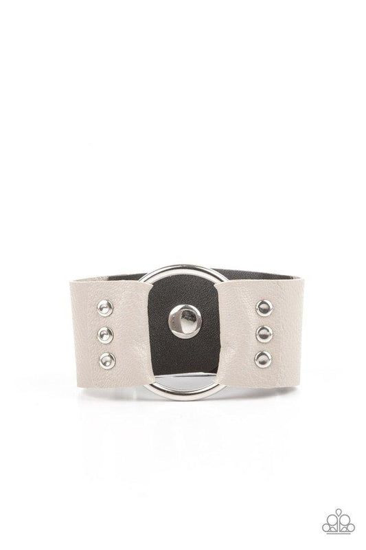 Moto Mayhem - Silver Oversized Hoop/Gray & Black Leather Paparazzi Snap Bracelet