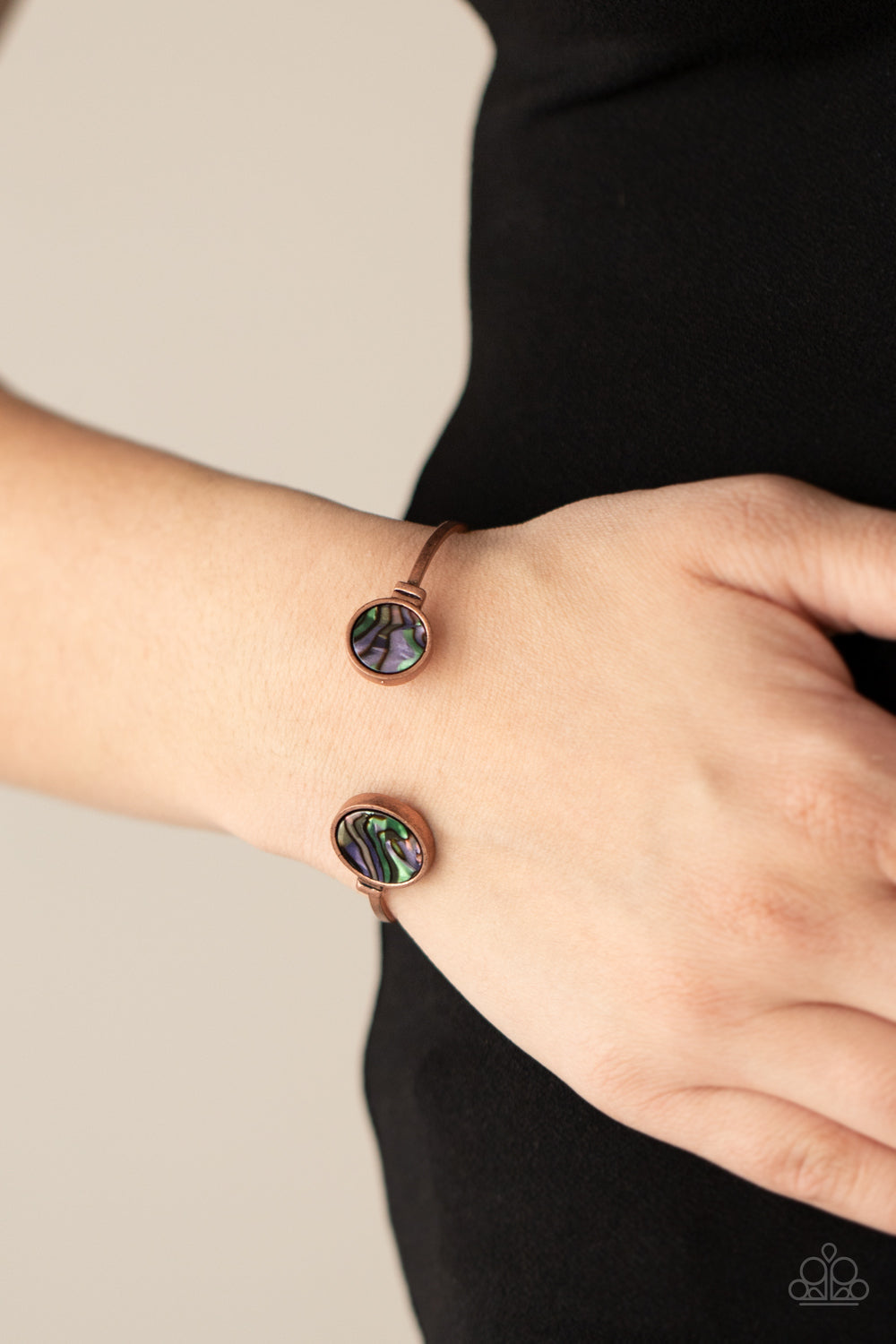 Space Oracle - Copper Antiqued Frames & Iridescent Multicolored Shell Paparazzi Cuff Bracelet