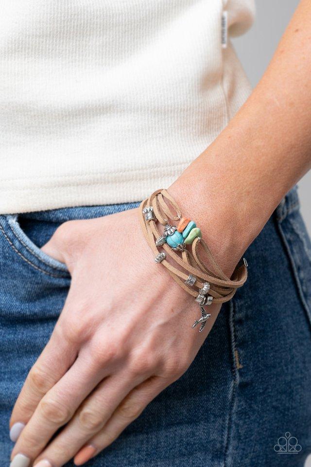 Canyon Flight - Multi Bead/Silver Bird Charm/Brown Suede Paparazzi Adjustable Bracelet