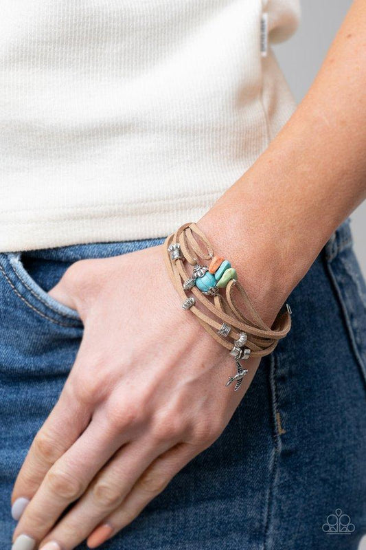 Canyon Flight - Multi Bead/Silver Bird Charm/Brown Suede Paparazzi Adjustable Bracelet