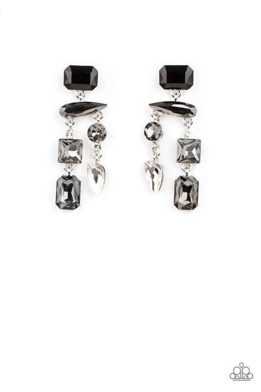 Hazard Pay - Silver, Black, & White Gem Edgy Chandelier Paparazzi Post Earrings