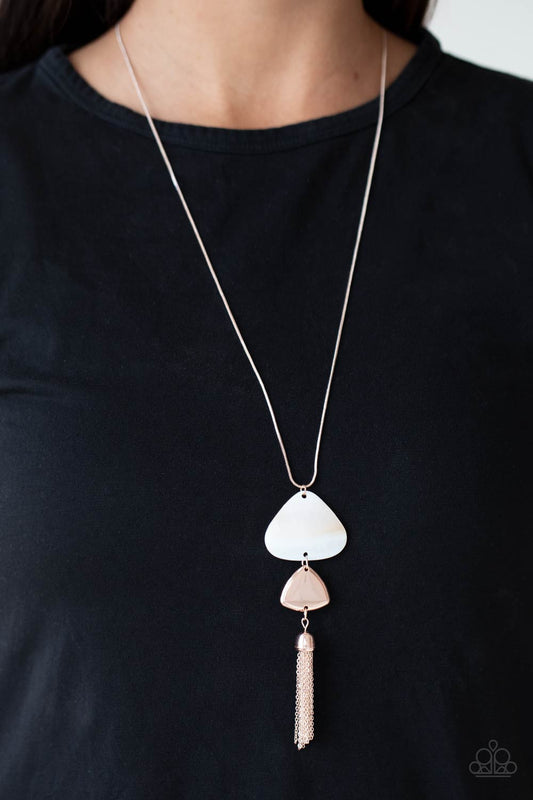 TIDE You Over - Rose Gold & White Shell-Like Triangular Disc Pendant Paparazzi Necklace & matching earrings