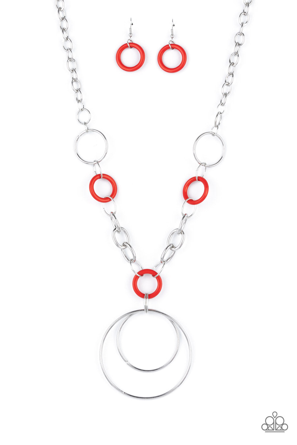 HOOP du Jour - Red & Silver Generously Sized Hoop Paparazzi Necklace & matching earrings