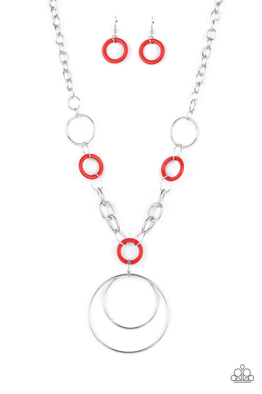 HOOP du Jour - Red & Silver Generously Sized Hoop Paparazzi Necklace & matching earrings