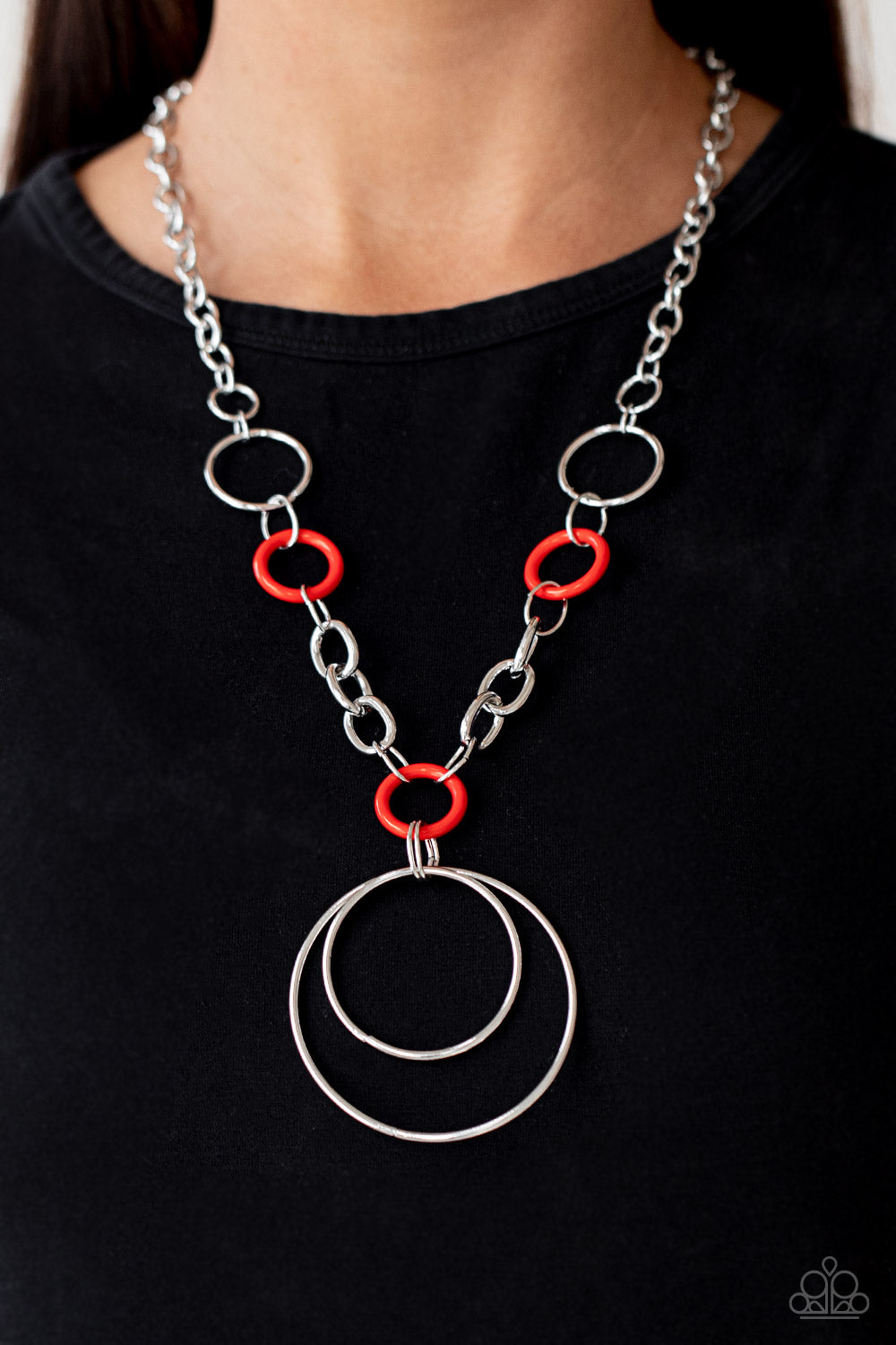 HOOP du Jour - Red & Silver Generously Sized Hoop Paparazzi Necklace & matching earrings