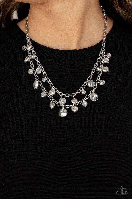 Ethereally Ensconced - White Iridescent Crystal-Like Beaded Paparazzi Necklace & matching earrings