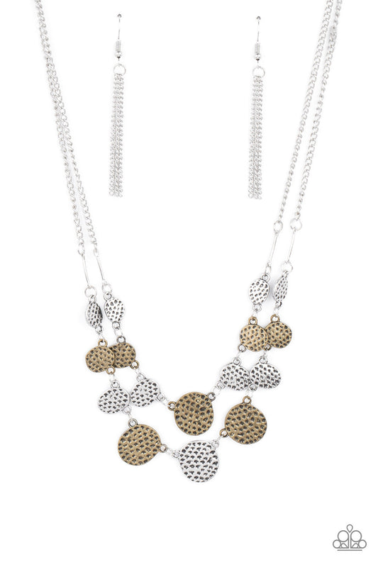 Pebble Me Pretty - Multi Hammered/Dotted Silver & Brass Disc Paparazzi Necklace & matching earrings