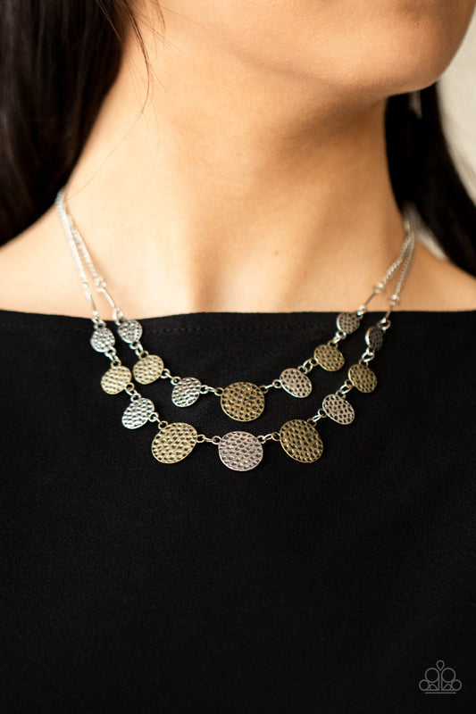 Pebble Me Pretty - Multi Hammered/Dotted Silver & Brass Disc Paparazzi Necklace & matching earrings