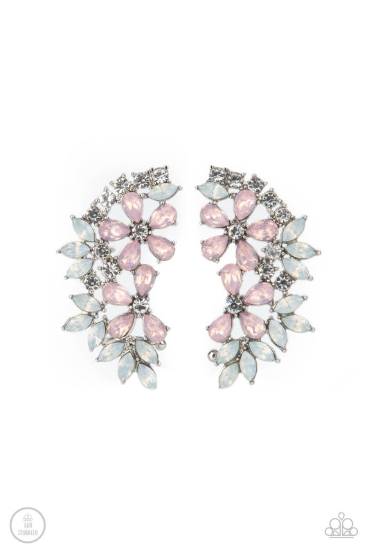 Garden Party Powerhouse - Pink Teardrop & White Opalescence Rhinestone Floral Paparazzi EAR CRAWLER Earrings