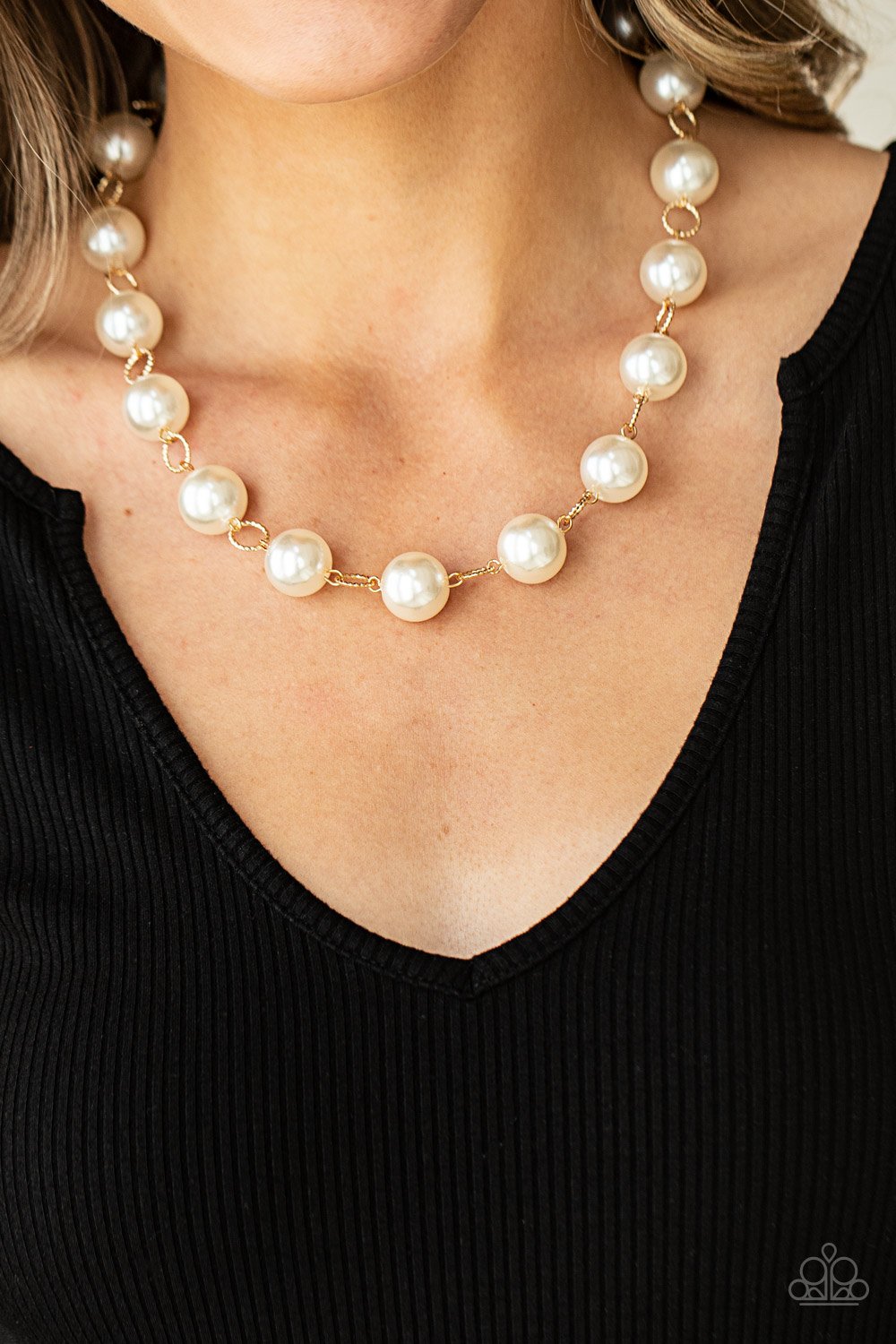 Ensconced in Elegance - Gold Textured Rings/White Pearl Paparazzi Necklace & matching earrings