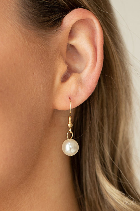 Ensconced in Elegance - Gold Textured Rings/White Pearl Paparazzi Necklace & matching earrings