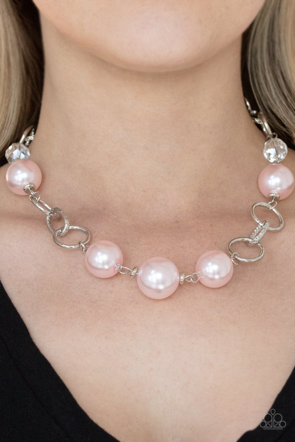 New Age Novelty - Pink Oversized Pearls & Bold Silver Link Paparazzi Necklace & matching earrings
