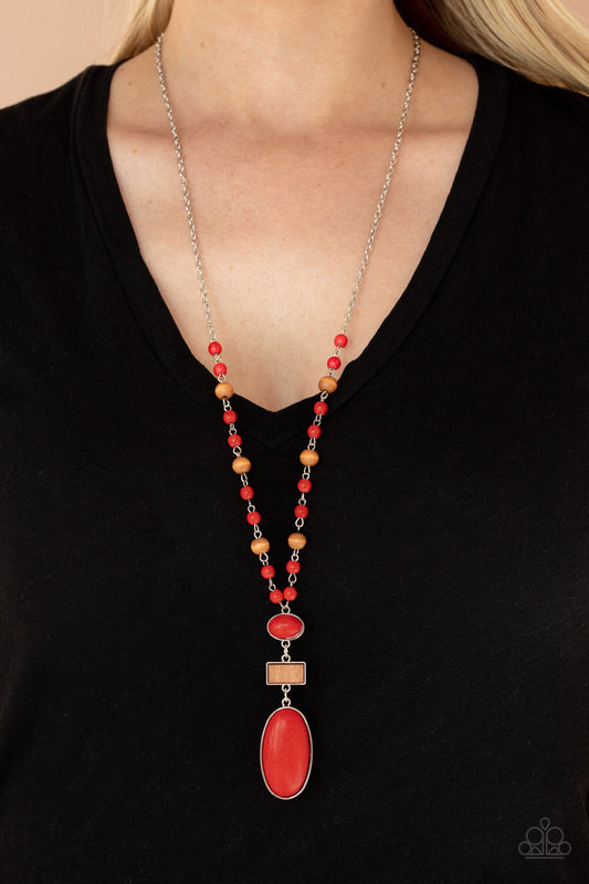 Naturally Essential - Red Stone & Wooden Beaded Paparazzi Necklace & matching earrings