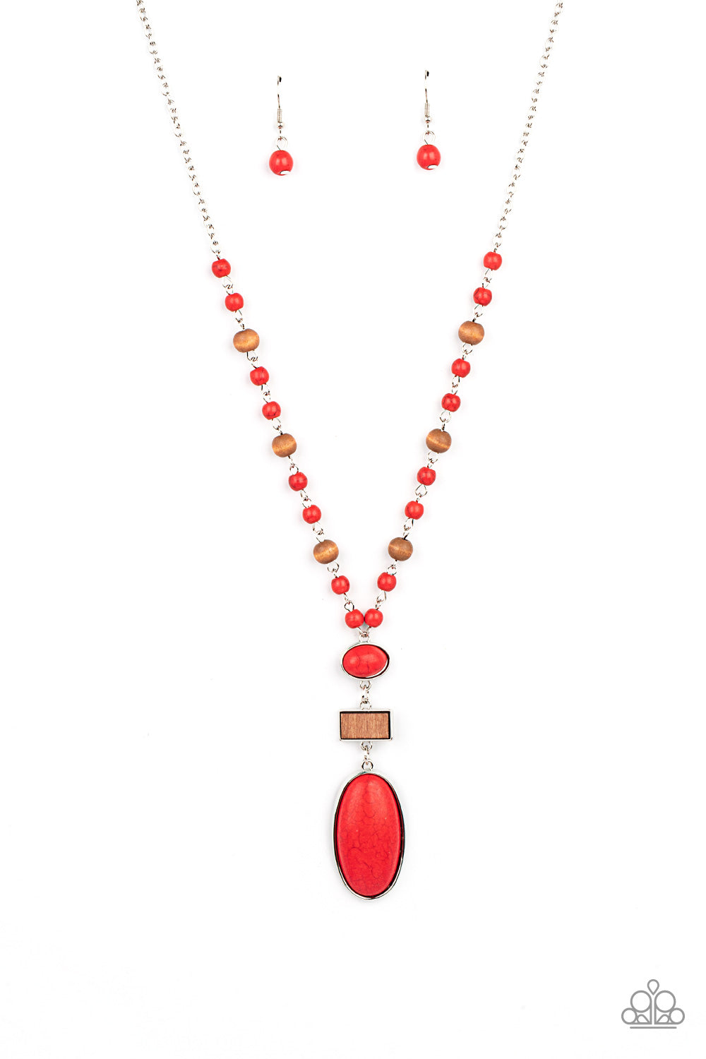 Naturally Essential - Red Stone & Wooden Beaded Paparazzi Necklace & matching earrings