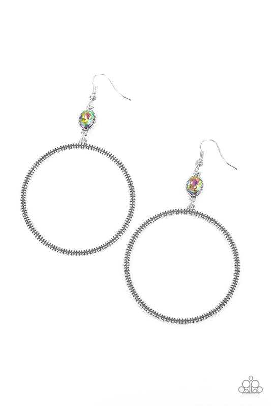Work That Circuit - Multi Oil Spill Gem & Oversized Silver Ring Paparazzi Earrings