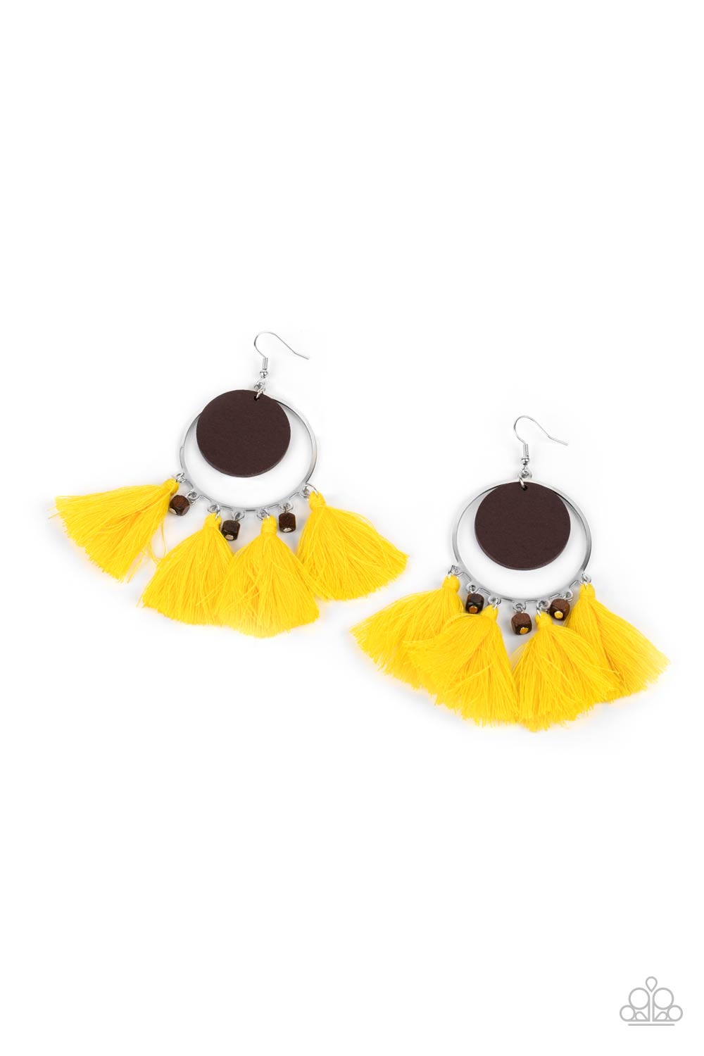 Yacht Bait - Yellow Thread Tassels & Brown Wooden Disc Paparazzi Earrings